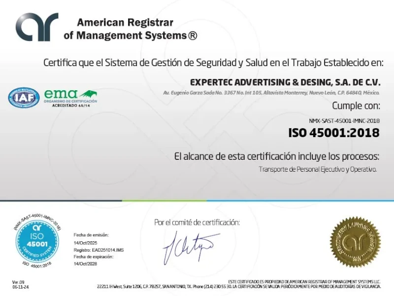 Certificación ISO 45001 de Transpor